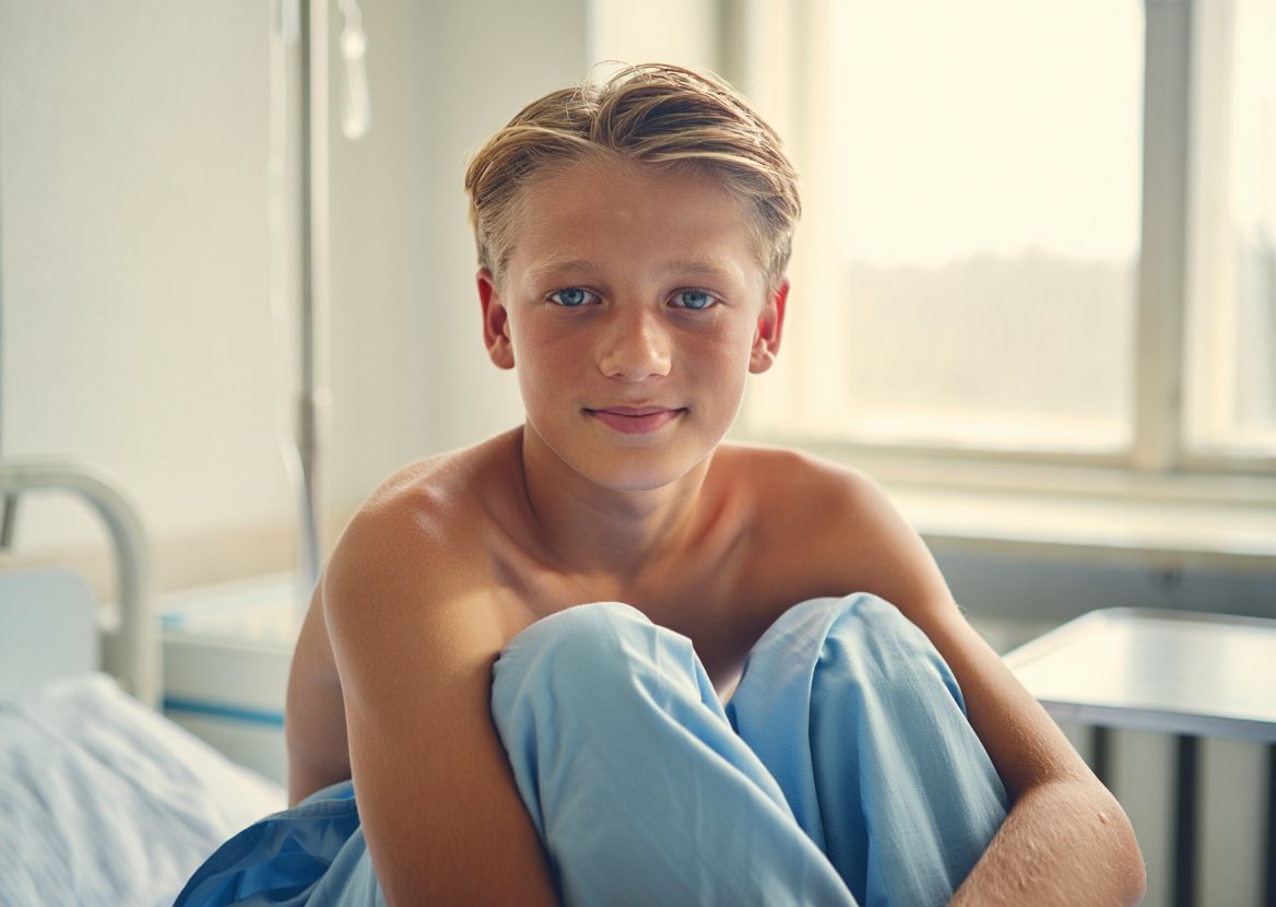 Мальчик сиди на кровати в палате клиники